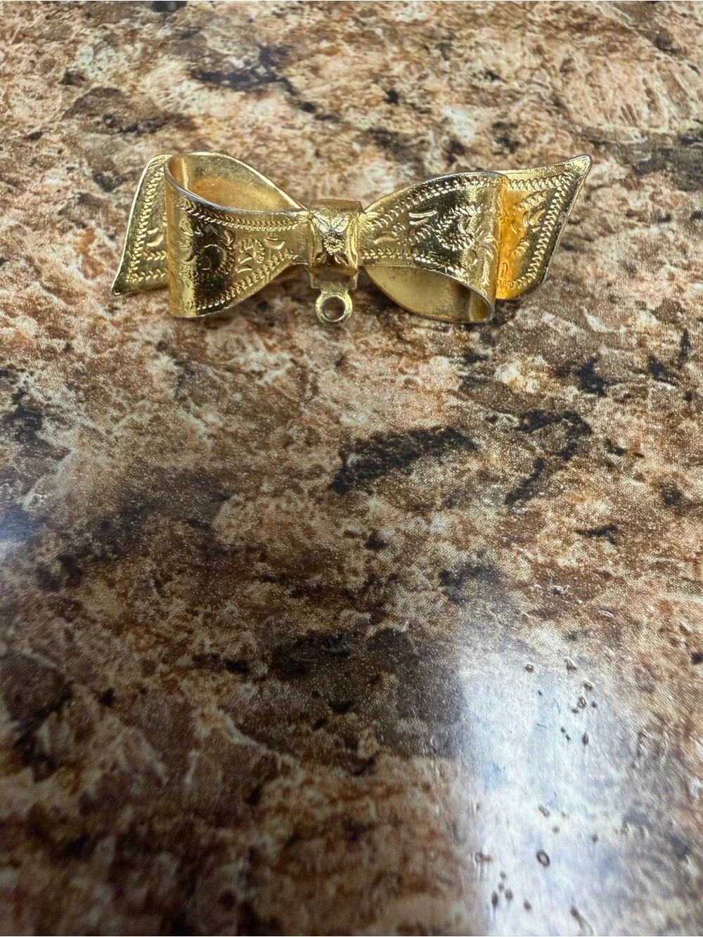 Vintage Gold Tone Engraved Ribbon Bow Brooch Pin Victorian Revival Dangle Loop